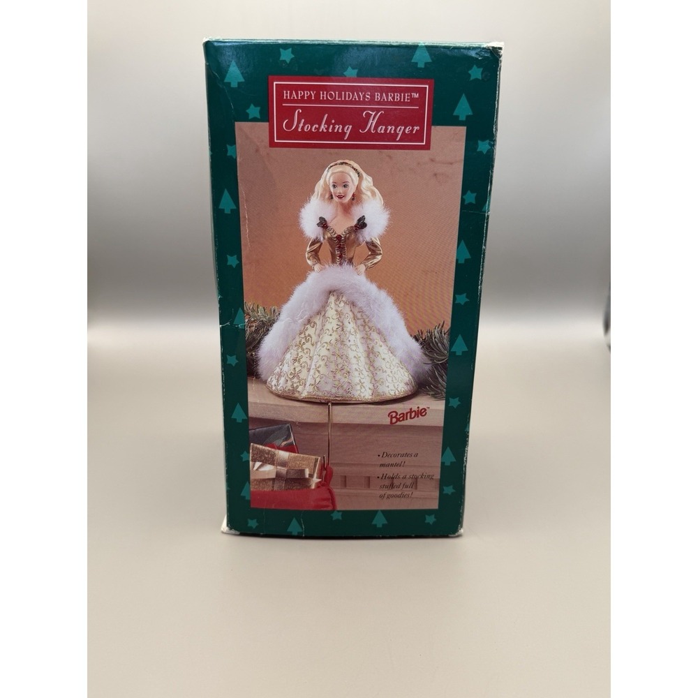 Vintage 1995 Hallmark Happy Holidays Barbie Stocking Hanger Gold Gown NIB Mattel
